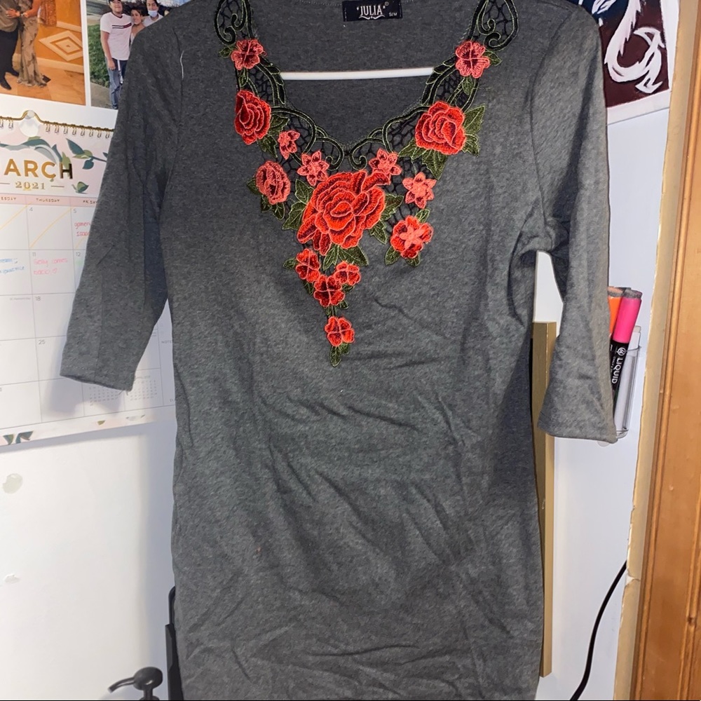 Gray Dress, Floral Neckline